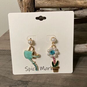 Spice Market WATERING CAN AND FLOWER  W/FAUX GEMS & PEARLS DANGLE EARRINGS